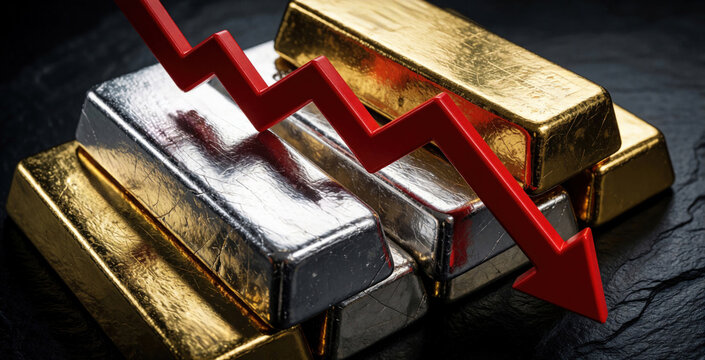 Gold, silver bullion bars lie on dark stone surface. Large red arrow points down showing market crash, falling prices. Financial loss, recession, economic downturn concept with precious metal assets