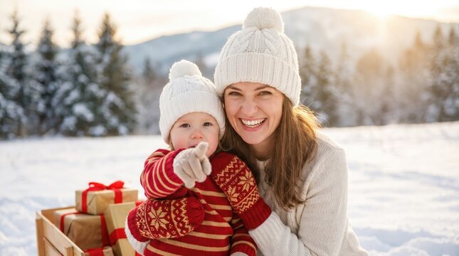 Joyful mother and her adorable baby share a heartwarming moment with presents on a beautiful winter day outside