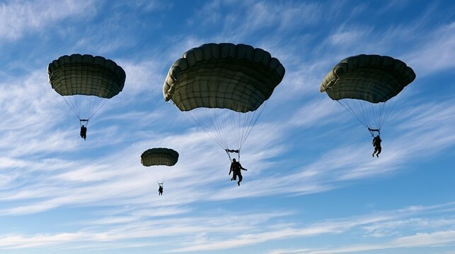 Paratroopers are training and executing an airborne jump, descending under fully deployed parachutes during a military exercise with a bright blue sky and wispy clouds