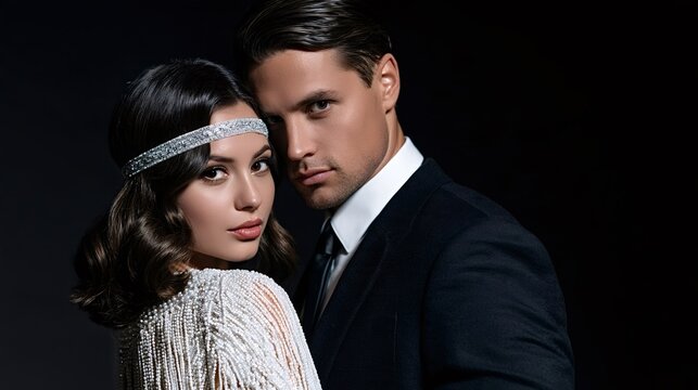Stylish man in a tuxedo standing behind an attractive woman wearing a sparkling flapper headband and beaded dress, creating a sophisticated retro look against a dark background