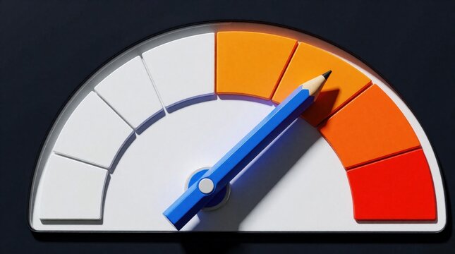 Blue pencil acts as needle on speedometer gauge. Meter shows high performance, maximum speed rapid growth. Concept of sales increase, success, business achievement, goal reaching. Financial metric
