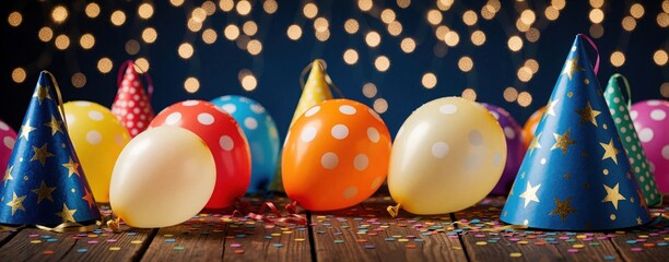 Obraz premium Colorful birthday party decorations with bright balloons, party hats on wooden table. Festive confetti scattered across surface. Vibrant celebratory background with bokeh lights for happy event. Fun