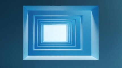 Fototapeta premium Abstract blue geometric background with optical illusion effect. Rectangular frames create deep endless tunnel through bright light. Modern 3D perspective design with minimal lines, gradient shades.
