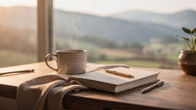 Steaming tea mug and journal on wooden desk by window