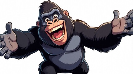 Obraz premium Funny gorilla clipart with playful expression on white background. Happy cartoon ape opens arms wide, smiles with teeth showing. Cute wild animal character for kids design, jungle themed sticker,