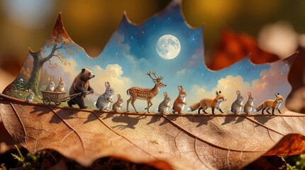 Obraz premium Tiny forest animals gather on large autumn leaf under bright full moon. Brown bear pulls wooden cart with small bunnies deer, squirrels, foxes, rabbits walk in line. Magical woodland creatures parade