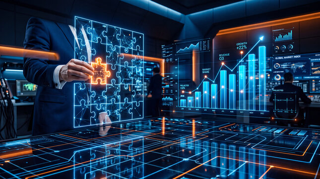 Businessman holding a glowing jigsaw puzzle with data visualization and financial charts in a futuristic control room analytics business chart