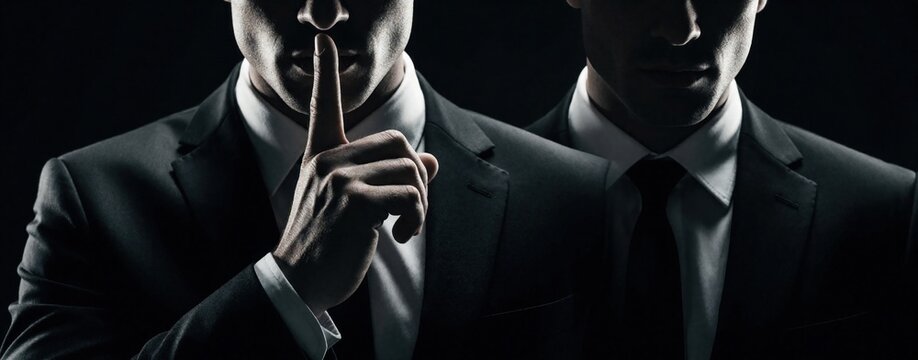 Serious businessman in black suit makes hush gesture with finger on lips. Two pro men in formal attire stand in dark studio. Secret confidential communication, corporate mystery, private deal, spy