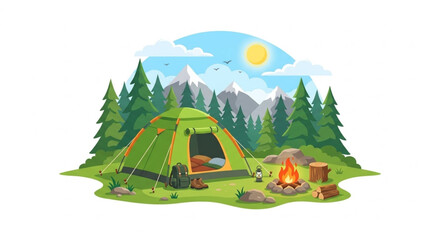 Camping Site Scene Vector Illustration with Tent Campfire Mountains Trees and Backpack © Enet