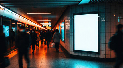 Fototapeta premium Bright blank advertising poster stands in underground subway station. Busy commuters walk through metro passageway with motion blur. Urban transit hub features blue, orange light. Modern city