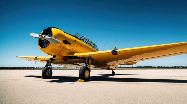 Bright yellow vintage North American T6 Texan trainer aircraft parked on airfield tarmac. Classic propeller plane stands under clear blue sky. Retro warbird rests on runway during sunny day.