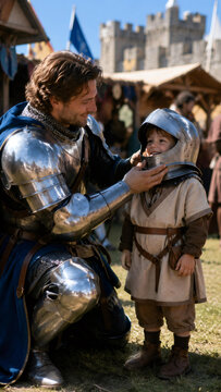 Knight in shining armor adjusting steel helmet on happy child head. Father teaching son about medieval life. Fatherhood, family bonding and historical reenactment festival setting.