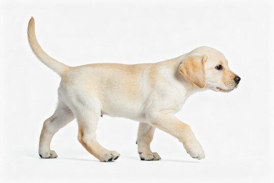 A young yellow Labrador retriever puppy walks, captured in a clean studio setting on a plain white background.