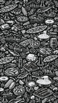 Black and white Black Sea cuisine pattern features fish, tea, pide, cheese, corn, hazelnuts, boats, and regional dishes.