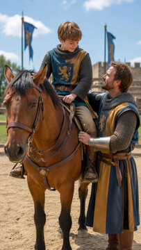 Knight teaching young squire to ride horse at medieval tournament. Father and son in historical costume at castle. Fatherhood, chivalry and education in the Middle Ages concept.