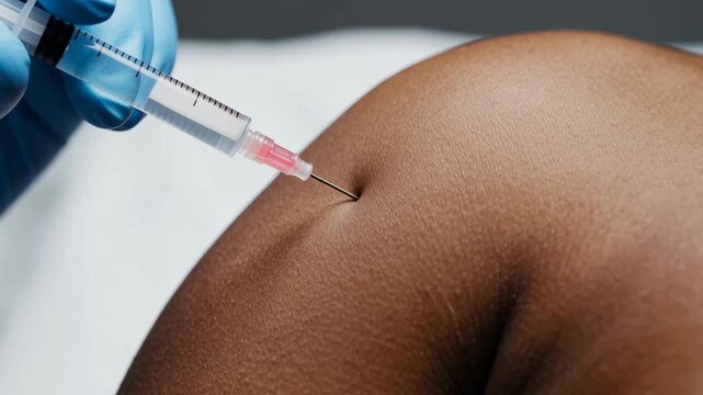Blue-gloved hand guides syringe needle into upper arm skin in close-up, showing gradual needle insertion against a clean white background with precise clinical handling
