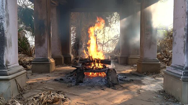 a smoldering wood pyre inside a simple outdoor crematorium surrounded by weathered concrete columns and tropical vegetation, small flames glowing above ash-covered Hindu cremation