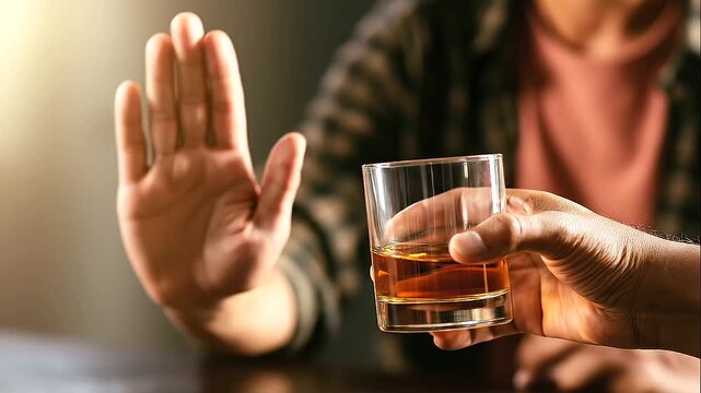 Adult rejecting an alcoholic drink by holding up one hand while another person offers a glass of amber liquor, close-up emphasizing the decision to avoid drinking, sober lifestyle