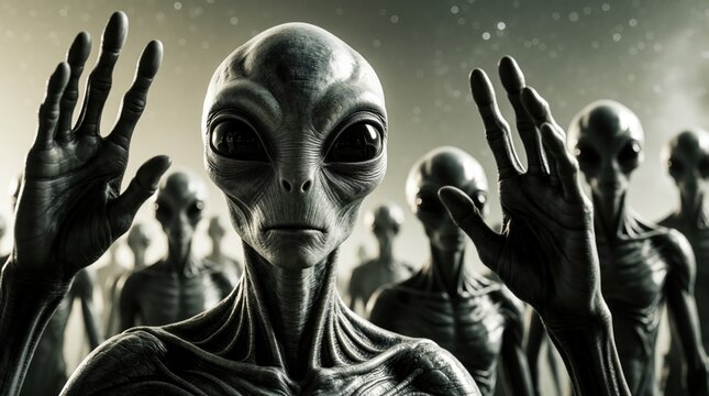 Extraterrestrial alien humanoid raises hands in greeting to camera. Group of gray aliens stands in cosmic space background. Mysterious creatures communicate with earth. First contact scene features