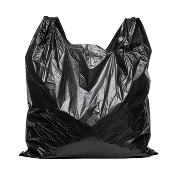 Black plastic bag isolated as a studio product shot showing empty recyclable thin material container object on transparent background
