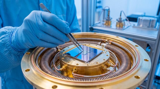 Technician handling a quantum computer processor chip with tweezers in a cleanroom laboratory