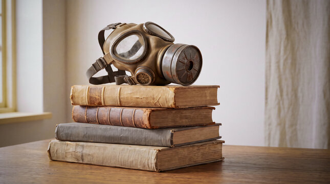 Vintage gas mask rests atop stacked, weathered books. Warm light casts gentle shadows across the scene. Wooden table holds the stillness of forgotten stories. The mask suggests mystery, history