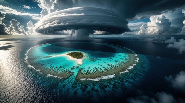 Aerial view of tropical island atoll with turquoise lagoon, white sand beach. Massive circular storm cloud formation hangs above ocean. Dramatic weather scenery shows cyclone approaching paradise