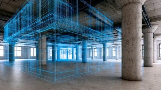 Digital twin wireframe overlay in an unfinished concrete shell illustrating bim and ar-enabled construction planning, architectural visualization, and smart building design innovation