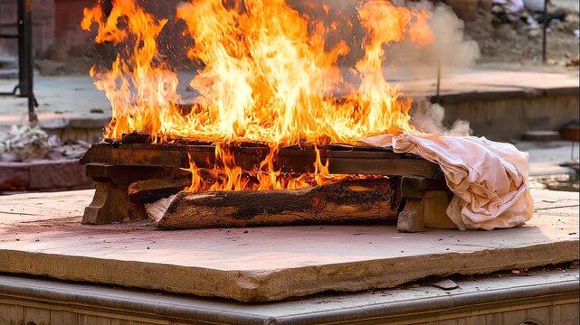 Hindu Antyesti funeral pyre burning intensely at night, towering golden flames rising from stacked wooden logs inside a dark cremation structure, sacred ritual, solemn atmosphere, India