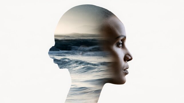 Woman's profile with double exposure showing ocean waves and tranquil water, representing inner peace, serenity, calm mind, meditation, and psychological well-being concept