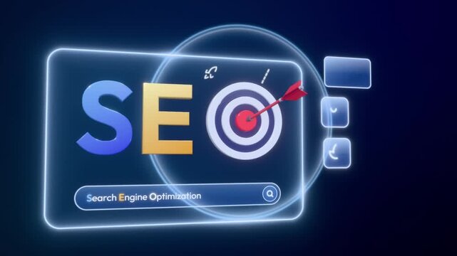 SEO search bar types search engine optimization and arrow hits target amid marketing icons