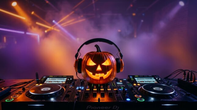 Glowing Halloween pumpkin with headphones on a DJ mixer amid purple haze and orange lights in a nightclub