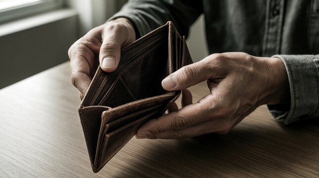 Man holds open empty leather wallet over wooden table. Close up of hands showing zero cash money inside. Concept of poverty, debt, financial crisis, budget problems, economic hardship in daily life.