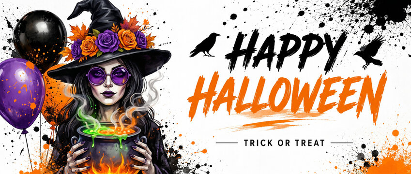 Happy Halloween Witch with Cauldron, Pumpkins and Bats, Spooky Trick or Treat Celebration Banner