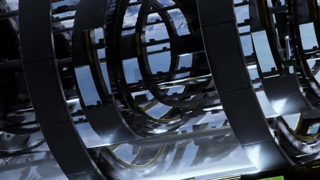 A detailed view shows a machine component inside a manufacturing facility during the day. The machinery has many circular elements and intricate designs.