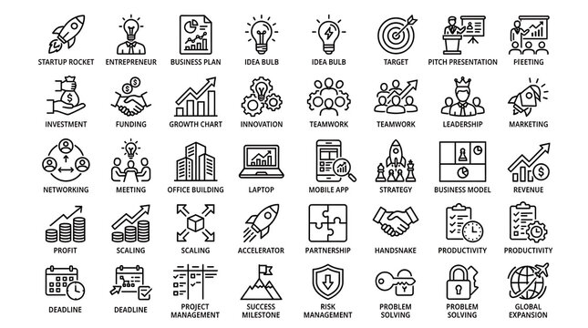 Comprehensive collection of startup and entrepreneurship outline symbols displayed on a clean transparent background.