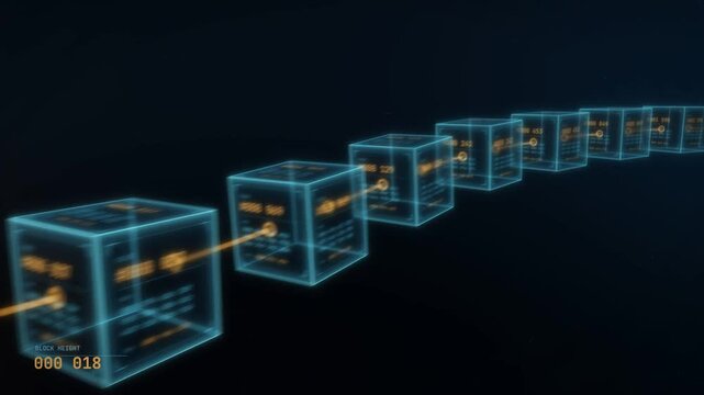 Blockchain animation of glowing 3D blocks linked in a chain as the camera flies along to a confirmed block