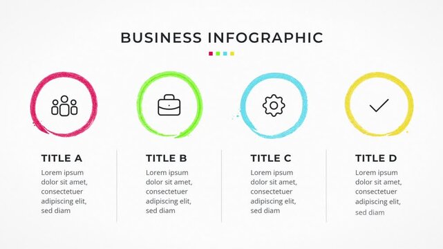 Business infographic template with four colorful circle icons, titles and placeholder text on white background
