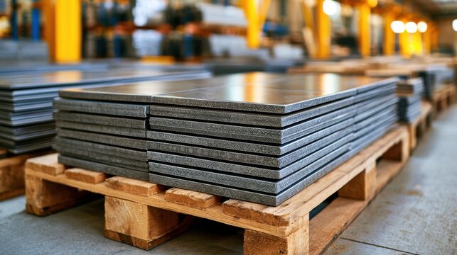 Stacks of patterned grey ceramic tiles stored on wooden pallets in a large warehouse. Concept for construction materials, logistics, manufacturing, wholesale distribution, and home renovation.