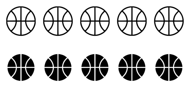 Set of ten minimalist basketball icons arranged in two hor set with simple line art design featuring outline, illustration, graphic elements with clean design and vector art
