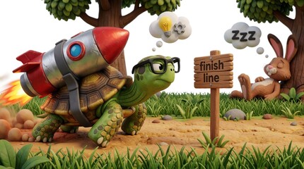 Obraz premium Fast turtle with rocket booster flies past sleeping hare near finish line. Smart tortoise wearing glasses uses tech innovation to win race. Concept of success through smart ideas, speed upgrade over