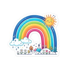 Fototapeta premium Cute rainbow with sun and clouds sticker, flat vector illustration