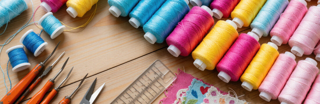 Colorful thread spools, sewing tools lie on wooden table. Many bright sewing supplies include scissors, ruler, needles, fabric scraps. Hobbyist crafter uses kit for embroidery, quilting handmade