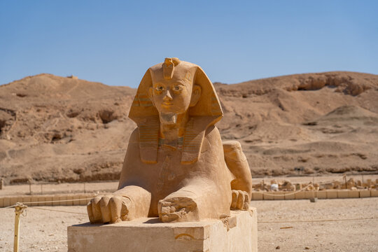 Detailed stone statue of sphinx standing in arid desert landscape of Egypt under clear blue sky, showcasing ancient architectural heritage and historical significance in sunny environment.