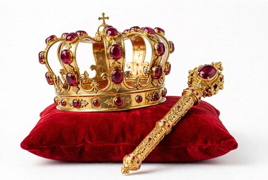 Ornate golden royal crown and scepter with red gemstones on a velvet cushion