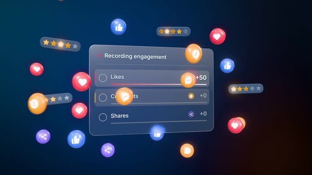 Social media engagement counter recording likes, comments and shares among floating heart and thumbs up icons