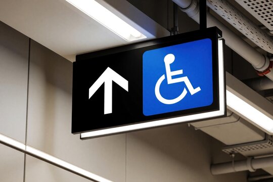 Illuminated accessibility sign shows wheelchair icon, up arrow. Modern indoor wayfinding symbol hangs from ceiling in public building. Blue, black directional signage guides disabled people through