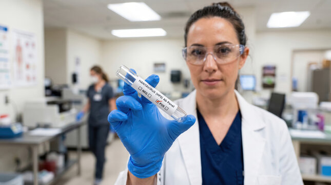 Female scientist holding a positive Hantavirus test tube in a laboratory. Medical researcher showing HPS antibody panel result in a modern clinic