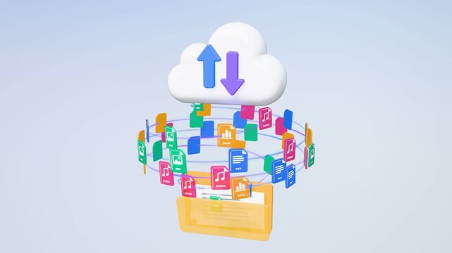Cloud sync icon with upload and download arrows above a folder ringed by rotating file icons, seamless loop