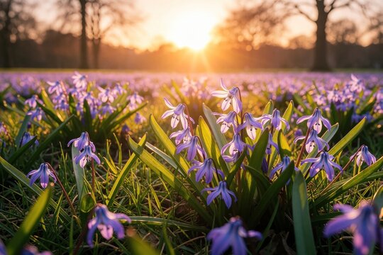 Field of purple Siberian squill flowers blooms in park at spring sunset. Wild scilla siberica plants grow in green grass meadow. Golden hour sunlight shines through trees, creating warm magical